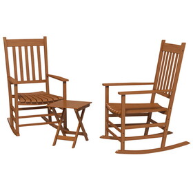 Outsunny Outdoor Rocking Chair Set of 2 with Side Table, Patio Wooden Rocking Chair with Smooth Armrests, High Back for Garden, Balcony, Porch, Supports Up to 352 lbs., Teak