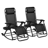 Outsunny 2 Pieces Outdoor Rocking Chairs, Foldable Reclining Zero Gravity Lounge Rocker with Pillow, Cup & Phone Holder, Combo Design with Folding Legs, Black W2225P174341
