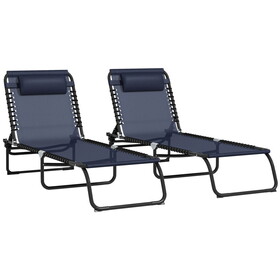 Outsunny Folding Chaise Lounge Pool Chair Set of 2, Patio Sun Tanning Chair, Outdoor Lounge Chair w/ Reclining Back, Pillow, Breathable Mesh & Bungee Seat for Beach, Dark Blue