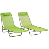 Outsunny 2 Piece Folding Chaise Lounge Chairs, Pool Sun Tanning Chairs, Outdoor Lounge Chairs with 6-Position Reclining Back, Breathable Mesh Seat, Headrest for Beach, Yard, Patio, Green