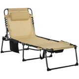 Outsunny Folding Chaise Lounge with 5-level Reclining Back, Outdoor Tanning Chair with Reading Face Hole, Outdoor Lounge Chair with Side Pocket & Headrest for Beach, Yard, Patio, Beige