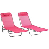 Outsunny 2 Piece Folding Chaise Lounge Chairs, Pool Sun Tanning Chairs, Outdoor Lounge Chairs with 6-Position Reclining Back, Breathable Mesh Seat, Headrest for Beach, Yard, Patio, Pink W2225P174376