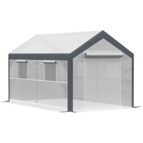 Outsunny 12' x 7' x 7' Walk-in Greenhouse, Outdoor Garden Warm Hot House with 4 Roll-up Windows, 2 Zippered Doors and Weather Cover, White
