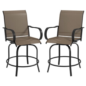 Outsunny Outdoor Bar Stools with Armrests, Set of 2 360&#176; Swivel Bar Height Patio Chairs with High-Density Mesh Fabric, Steel Frame Dining Chairs for Balcony, Poolside, Backyard, Brown