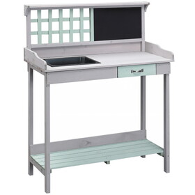 Outsunny Outdoor Wooden Potting Bench Table with Removable Sink, Garden Work Bench with Chalkboard, Drawer, Open Shelf Storage, Light Gray W2225P174487