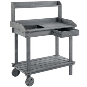 Outsunny 36" Wooden Potting Bench Work Table with 2 Removable Wheels, Sink, Drawer & Large Storage Spaces, Gray