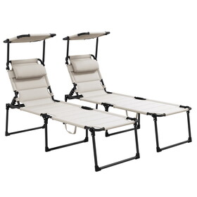 Outsunny 2 pcs Outdoor Lounge Chair, Adjustable Backrest Folding Chaise Lounge, Cushioned Tanning Chair w/ Sunshade Roof & Pillow Headrest for Beach, Camping, Hiking, Cream White