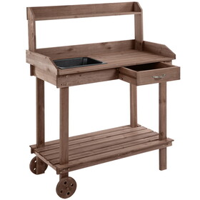 Outsunny 36" Wooden Potting Bench Work Table with 2 Removable Wheels, Sink, Drawer & Large Storage Spaces, Brown