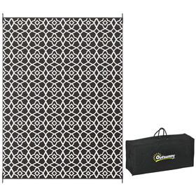 Outsunny Reversible Outdoor Rug, 9' x 12' Waterproof Plastic Straw Floor Mat, Portable RV Camping Carpet with Carry Bag, Large Floor Mat for Backyard, Deck, Picnic, Beach, Black & White Clover