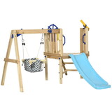 Outsunny 3 in 1 Wooden Swing Set Outdoor Playset with Baby Swing Seat, Toddler Slide, Captain's Wheel, Telescope, Kids Backyard Playground Equipment, Ages 1.5-4 W2225P200362