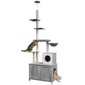 PawHut Cat Tree with Litter Box Enclosure, 2 in 1 Floor to Ceiling Cat Tower Litter Box Furniture with Condo, Bed, Hammock, Scratching Posts, and Platforms for Indoor Use, Gray W2225P200364