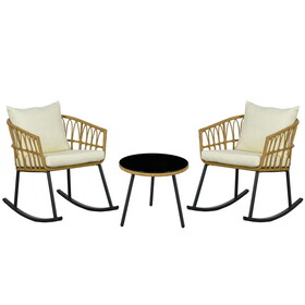 Outsunny 3 Piece Bistro Set with Cushions, Outdoor PE Rattan Wicker Patio Rocking Chair with 2 Porch Rocker Chairs, Glass Top Coffee Table Patio Conversation Set, Cream White W2225P200380