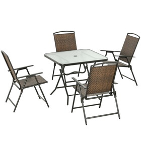 Outsunny 5 Pieces Wicker Patio Dining Set, Foldable Outdoor Table and Chairs, Wicker Furniture Dining Set with Umbrella Hole, Tempered Glass Table, Dark Brown W2225P200394