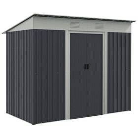 Outsunny 7' x 4' Metal Lean to Garden Shed, Outdoor Storage Shed, Garden Tool House with Double Sliding Doors, 2 Air Vents for Backyard, Patio, Lawn, Gray W2225P200401