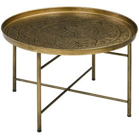 HOMCOM 24" Round Coffee Table with Hammered Tray Top, Vintage Metal Center Table for Living Room, Bedroom, Side Table, Gold W2225P200420