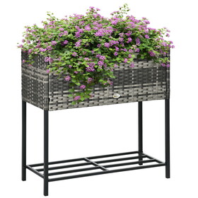 Outsunny Raised Garden Bed, Elevated Planter Box with Rattan Wicker Look, Tool Storage Shelf, Portable Design for Herbs, Vegetables, Flowers, Gray W2225P200466