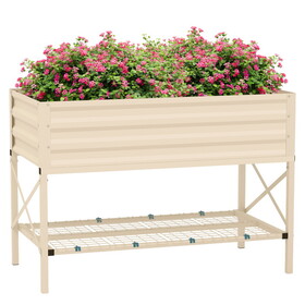 Outsunny Raised Garden Bed with Galvanized Steel Frame, Storage Shelf and Bed Liner, Elevated Planter Box with Legs for Vegetables, Flowers, Herbs, Cream W2225P200468