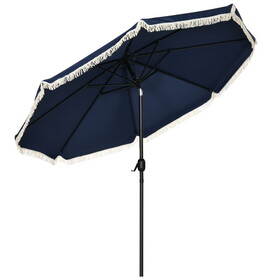 Outsunny 9ft Patio Umbrella with Push Button Tilt and Crank, Ruffled Outdoor Market Table Umbrella with Tassles and 8 Ribs, for Garden, Deck, Pool, Dark Blue W2225P200479
