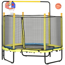 Qaba 4.6' Kids Trampoline with Basketball Hoop, Horizontal Bar, 55" Indoor Trampoline with Net, Small Springfree Trampoline Gifts for Kids Toys, Ages 3-10, Yellow W2225P200503