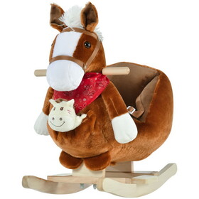 Qaba Kids Ride-on Rocking Horse Toy, Rocker with Lullaby Song, Hand Puppets & Soft Plush Fabric for Children 18-36 Months, Brown W2225P200532