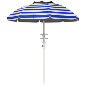 Outsunny 5.7' Portable Beach Umbrella with Tilt, Adjustable Height, 2 Cup Holders & Hooks, UV 40+ Ruffled Outdoor Umbrella with Vented Canopy, Blue White Stripe W2225P200537
