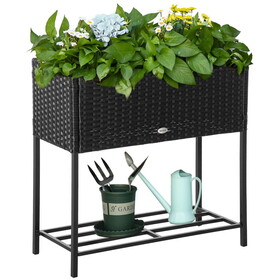 Outsunny Raised Garden Bed, Elevated Planter Box with Rattan Wicker Look, Tool Storage Shelf, Portable Design for Herbs, Vegetables, Flowers, Black W2225P200541