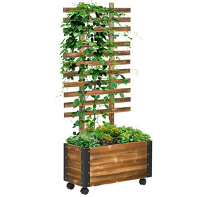 Outsunny Raised Garden Bed with Trellis, 58" Outdoor Wooden Planter Box with Wheels, for Vine Plants Flowers Climbing and Planting, Brown W2225P200546