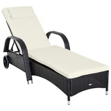Outsunny Wicker Outdoor Chaise Lounge, 5-Level Adjustable Backrest PE Rattan Pool Lounge Chair with Wheels, Cushion & Headrest, Dark Coffee and Cream White W2225P200557