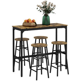 HOMCOM Bar Table Set for 4, Industrial High Top Table with Bar Stools, 5-Piece Small Kitchen Table and Chairs for Pub, Dining Room, Rustic Brown W2225P200562