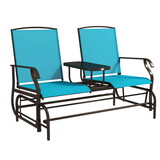 Outsunny Outdoor Glider Bench with Center Table, Metal Frame Patio Loveseat with Breathable Mesh Fabric and Armrests for Backyard Garden Porch, Blue W2225P200563