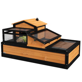 PawHut 3-Room Tortoise House Habitat with Balcony & 2 Stories, Indoor/Outdoor Wooden Tortoise Enclosure with Ladder, Tray, Openable Roof, Large Reptile Cage, 44" x 25.5" x 23", Yellow W2225P200571