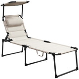 Outsunny Outdoor Lounge Chair, Adjustable Backrest Folding Chaise Lounge, Cushioned Tanning Chair w/Sunshade Roof & Pillow Headrest for Beach, Camping, Hiking, Cream White W2225P200577