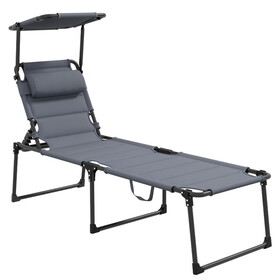 Outsunny Outdoor Lounge Chair, Adjustable Backrest Folding Chaise Lounge, Cushioned Tanning Chair w/Sunshade Roof & Pillow Headrest for Beach, Camping, Hiking, Gray W2225P200578