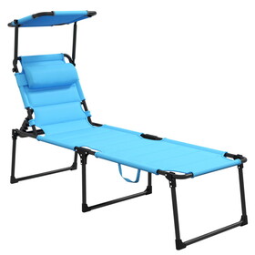 Outsunny Outdoor Lounge Chair, Adjustable Backrest Folding Chaise Lounge, Cushioned Tanning Chair w/Sunshade Roof & Pillow Headrest for Beach, Camping, Hiking, Light Blue W2225P200579