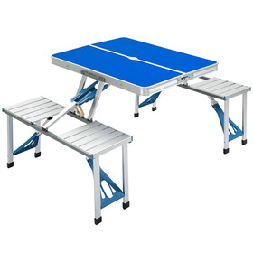 Outsunny Folding Picnic Table with Umbrella Hole, Aluminum Suitcase Portable Outdoor Table with Bench, Patio, Porch or Camping Table and Chair Set, Ocean Blue W2225P200605