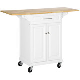 HOMCOM Kitchen Island with Drop Leaf Trolley Cart on Wheels Drawer Cabinet Towel Racks Versatile Use Natural Wood Top and White W2225P200613