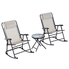 Outsunny 3 Piece Outdoor Rocking Chair Set, Patio Folding Lawn Rocker Set with Glass Coffee Table, Headrests for Yard, Patio, Deck, Backyard, Cream White W2225P200618