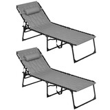 Outsunny Folding Chaise Lounge Set with 5-level Reclining Back, Outdoor Lounge Tanning Chair with Padded Seat, Side Pocket & Headrest for Beach, Yard, Patio, Gray W2225P200626