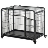 PawHut Folding Design Heavy Duty Metal Dog Cage Crate & Kennel with Removable Tray and Cover, & 4 Locking Wheels, Indoor/Outdoor 37
