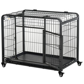 PawHut Folding Design Heavy Duty Metal Dog Cage Crate & Kennel with Removable Tray and Cover, & 4 Locking Wheels, Indoor/Outdoor 37" W2225P200636