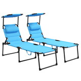 Outsunny 2 pcs Outdoor Lounge Chair, Adjustable Backrest Folding Chaise Lounge, Cushioned Tanning Chair w/Sunshade Roof & Pillow Headrest for Beach, Camping, Hiking, Light Blue W2225P200651