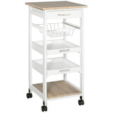 HOMCOM Mobile Kitchen Cart, Rolling Kitchen Island with Storage, Solid Wood Frame Utility Cart with Wire Fruit Baskets, Trays and Drawer, White W2225P200686