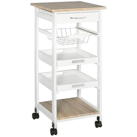 HOMCOM Mobile Kitchen Cart, Rolling Kitchen Island with Storage, Solid Wood Frame Utility Cart with Wire Fruit Baskets, Trays and Drawer, White W2225P200686