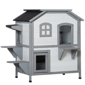 PawHut 2-story Cat House Outdoor, Weatherproof Wooden Cat Enclosure for Feral Cats with Escape Door, Openable Roof, Jumping Platforms, White W2225P200691