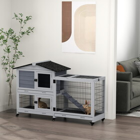 PawHut Rabbit Hutch 2-Story Bunny Cage Small Animal House with Slide Out Tray, Wheels, for Indoor Outdoor, 59.8" x 20.9" x 39.2", Gray W2225P200695