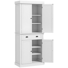 HOMCOM 72.5" Kitchen Pantry Cabinet, Traditional Freestanding Storage Cabinet with 4 Doors, Drawer and 3 Adjustable Shelves for Dining Room, White Wood Grain W2225P200697