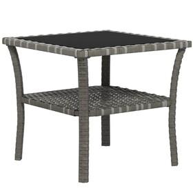 Outsunny Rattan Side Table, Outdoor End Table with Storage Shelf, Aluminum Frame Square, Coffee Table with Tempered Glass Top, Mixed Gray W2225P200702