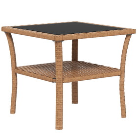 Outsunny Rattan Side Table, Outdoor End Table with Storage Shelf, Aluminum Frame Square, Coffee Table with Tempered Glass Top, Sand W2225P200703