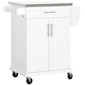 HOMCOM Kitchen Island on Wheels, Rolling Kitchen Cart with Stainless Steel Countertop, Drawer, Towel Rack and Spice Rack, Utility Storage Trolley, White W2225P200710