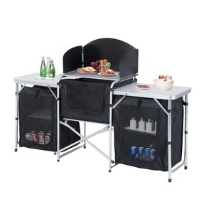 Outsunny Aluminum Portable Camping Kitchen Fold-Up Cooking Table with Windscreen and 3 Enclosed Cupboards for BBQ, Party, Picnics, Backyards W2225P200713